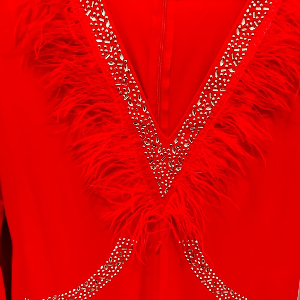 Red Feather-Trimmed Statement Jumpsuit - image 4